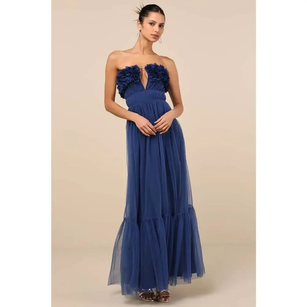 Lulus Women’s Chic Spectacle Navy 3D Floral Strapless Maxi Dress Medium